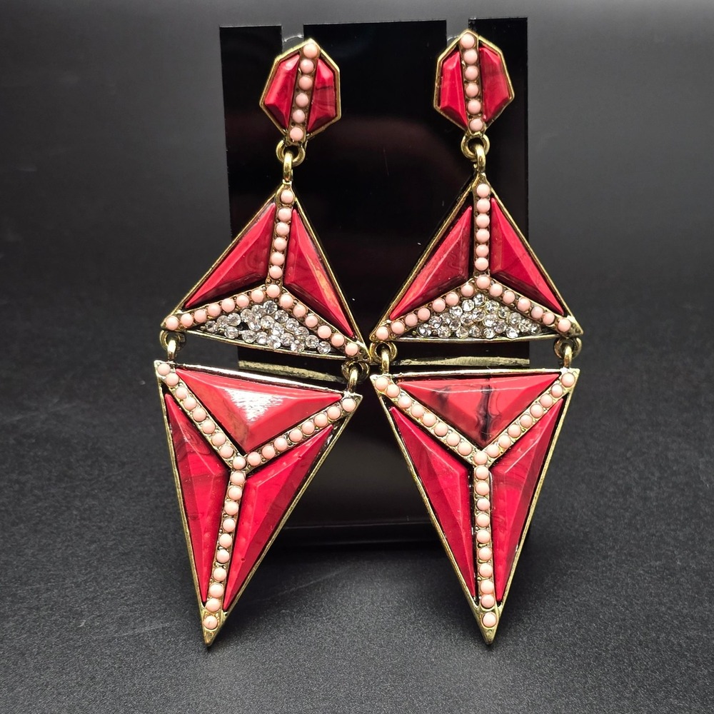 Red Pink Rhinestone Geometric Earrings Triangular - Picture 8 of 8